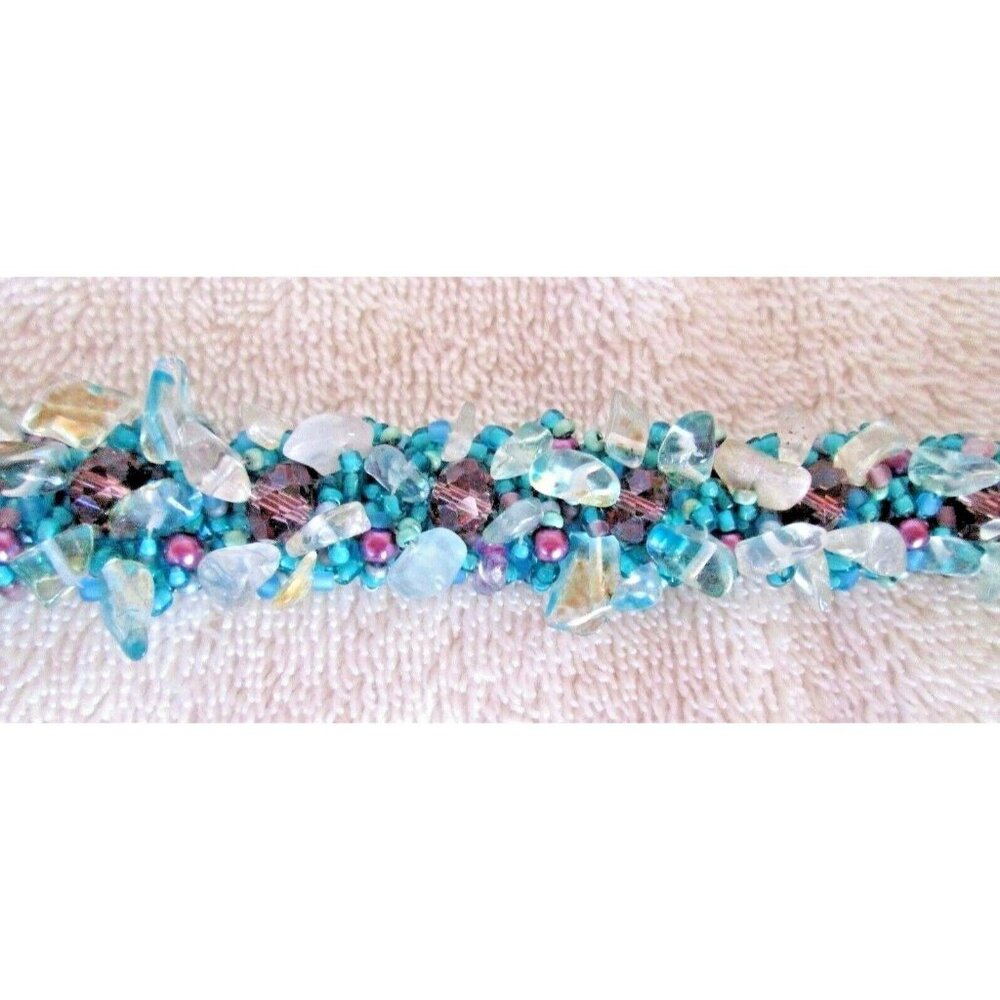 Lilybead Blue Brown Plum Clear Hand Beaded Guatemalan Bracelet  7 1/4"